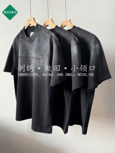 High-End Mens Embroidered T-Shirt Pure Cotton Heavyweight Vintage round Neck Loose Short Sleeve Trendy Break Hole Design