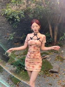 CNY Women Dress Cheongsam Chinese Knot Slim Fit Short Sleeve Elastic Short Sleeve Traditional Butterfly Pink Dress CNY2