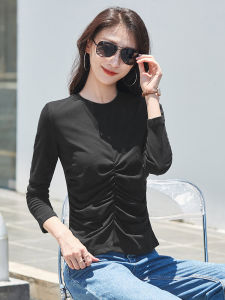 เสื้อยืดคอกลมแขนยาวผ้าฝ้ายสำหรับผู้หญิง ฤดูใบไม้ผลิ 2025 เสื้อเชิ้ตทรงเข้ารูปแบบพื้นฐาน เสื้อชั้นในผ้าฝ้ายเนื้อนุ่ม