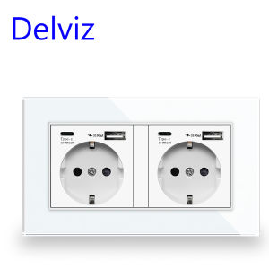 Delviz Type C USB Quick charging Socket Crystal glass panelEU standard Fast Charging USB Jack Wall Embedded dual power Outlet
