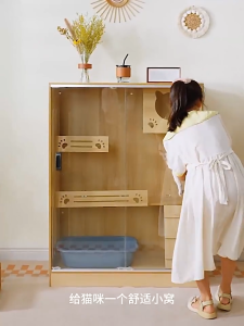 L&Qกรงแมว วิลล่าแมว วิลล่าแมวไม้แท้ Luxury Cat Villa พร้อมประตูกระจกเทมเปอร์เคลื่อนที่ กันน้ำ ทนขีดข่วน พร้อมถาดทรายแมว