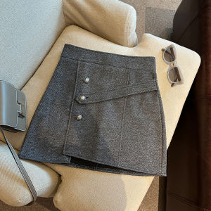 GUZILIAN | Váy ngắn len cạp cao thời trang mùa thu đông mới cho nữ dáng chữ A không đều thon gọn váy ngắn chất liệu khác 100%