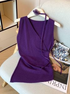 Purple Asymmetrical V-Neck Sash Vest Womens Autumn New Design Sensation Side Waist Gathered Sleeveless Top Korean Style Soft Fabric