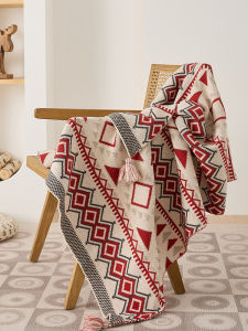Bohemian Style Knitted Blanket with Tassel for Office Nap Decorative Bed End Throw Summer Lightweight Geometric Patterned Blanket