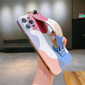 Tooach Ins Morandi Color Phone Case With Wristband Strap For iPhone 15 14 Pro Max Plus 13 12 11 Pro Max Soft Silicone Phone Casing With Holder Stand Bracket Fashion Shockproof Anti-fall Phone Cover Shell Hot Sale