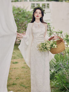 ชุดกี่เพ้าสีขาวสไตล์จีนใหม่ ชุดราตรียาว ชุดแต่งงาน ชุดนางฟ้า ชุดสองชิ้น ฤดูร้อน 2024 แขนกุด เสื้อผ้าผู้หญิง