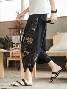 Mens Summer Thin Cotton Linen Wide Leg Pants Loose Large Size Printed Beach Shorts Trendy Harajuku Style Casual Loose Fit