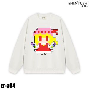 Pixel Art Style BoLi Ling Meng FuLanDuoLu Anime round Neck Fleece Lined Sweatshirt for Teens Casual Loose Fit Cotton Polyester