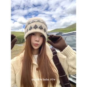 Warm Wool Knitted Fair Isle Knit Hat Womens Autumn Winter Breathable Casual Style No Brim Foldable Medium Thickening