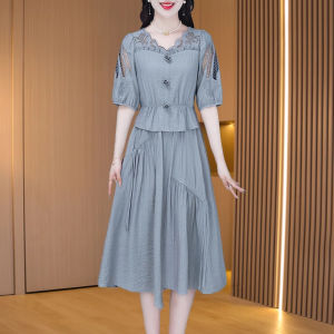 MAIMEI | Silk Cotton Dress Fake Two-Piece Set Womens Summer High Waist A-Line Skirt Short Sleeve Round Neck High End Simple Style