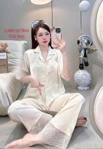 Pizama bộ lụa latin mượt phối ren bèo cúc bọc hàng may kĩ cao cấp tay dài và tay cộc