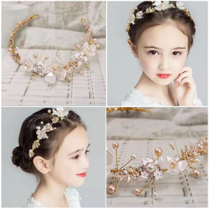 IVY Korean Style Childrens Headwear Super Fairy Leaves Flowers Garland Pearl Hair Band Bridal Sweet Wedding Dress Children Headwear Hair Accessories for Kid Girl Head Dress Accessories Womens Hair Accessories