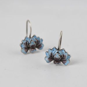 925 Silver Vintage Prized Blue Craft Thai Silver Earring Women Style Burnt Blue Peony Drop Earrings Fashion Jewelry Accessories