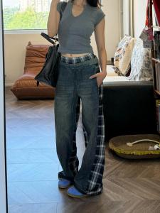 Loose Lazy American Style Hot Girl Jeans Womens Summer Vintage Plaid Splicing Casual Floor-Length Pants High Waist Wide Leg