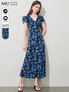 Mo | ชุดเดรสผ้าไหมลายดอกไม้สไตล์ฝรั่งเศสฤดูร้อนปี 2025 เอวสูง แขนพอง คอวี กระโปรงทรงเอ ชุดเดรสผู้หญิง