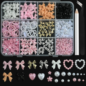 12Grids 3D Multi-Colors Ribbon Flower Nail Art Charms Simulated Perals LoveMetal Bowknot Nail Decoration DIY Manicure Accessory