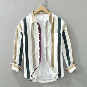 Stylish Striped Cotton Shirt Mens Long Sleeve Vintage Design Color Block Spring Fashion Outerwear Casual Comfortable Top