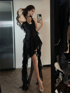 Chiclynana สีดำ คอแขวน เดรส เซ็กซี่ พรางหุ่น พร้อม ลูกไม้ Trim เปลือยหลังผิดปกติ คอวี ผู้หญิง แฟชั่น เดรส