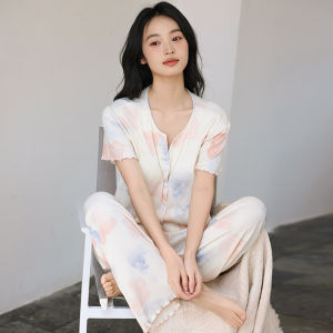 miiow | MiiOW Ice Silk Sleepwear Womens Home Clothes With Chest Pad Anti-Protrusion Sweet Cute Style Summer Long Pants Short Sleeve