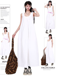 Váy Vest Cổ Chữ U Màu Trắng MZVZ Mùa Hè Không Tay Váy Đi Biển Váy Dài Xếp Ly Cạp Cao Váy Chữ a Váy Công Sở