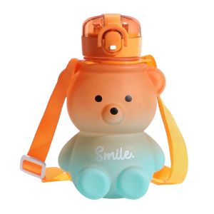 800ml Cute Straw Water Bottle with Rope Portable Bear Gradient Water Cup Large-Capacity Leak-Proof Drinking Mug for Kids Girls