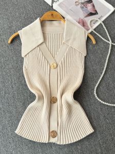 Classic Style Knitting Vest Womens Summer Thin Stylish Niche Style Polo Collar Slimming and Short Chic Halter Top