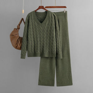 Autumn Winter Womens Knit Sweater Two-piece Pants Set Fashion Pullover Leisure Loose V Collar Two Piece Sets Womens Outifits