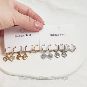 Lokaer 3Pair/Set Stainless Steel Rhinestone Heart Lock Earrings For Women Waterproof Fashion Earrings Jewelry Серьги E25038