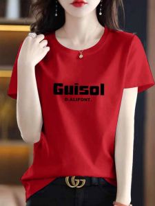 Pure Cotton Loose Fit Short Sleeve round Neck Red T-Shirt Spring Autumn Fashion Design Versatile Casual Korean Style Top