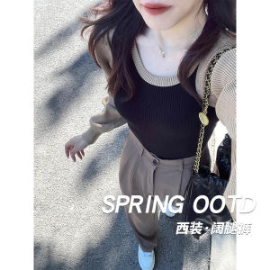 Khaki Color Womens High Waist Drapey Suit Pants Spring Autumn 2024 New Straight Leg Casual Small Size Wide Leg Pants