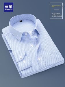 ROMON | Lormen Mens Long Sleeve Shirt Spring Summer Iron Free Stripe Business Formal Short Sleeve Workwear Jacket Standard Fit Fashion Urban