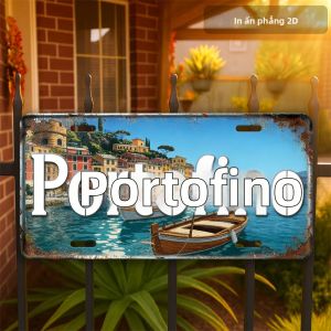 CIFbuy | 12x6 Inch Vintage Portofino Italy Harbor Travel Wall Decor Dấu Hiệu Kim Loại Thiết Kế Phẳng 2D Cho Ban Công Ngoài Trời