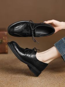 Low Heel Chunky Heel Lace up round Toe Womens Shoes Large Size Fashion Single Shoes British Style Spring Autumn Thick Bottom