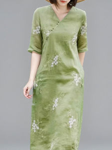 Chinese Style V Neck Heavy Embroidered Linen Cotton Dress