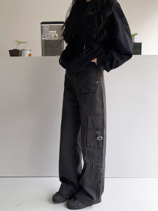 กางเกงขายาวทรงตรงสีเทาสไตล์อเมริกันสำหรับผู้หญิง กางเกงขายาวทรงตรงลำลองเอวสูงสำหรับฤดูใบไม้ร่วงและฤดูหนาว กางเกงขายาวทรงสลิมฟิตสำหรับผู้หญิง