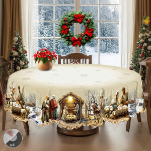 1 Piece of Christmas-Themed Gold-Printed Tablecloth Vintage Country Farmhouse Style Nativity Scene Pattern Design Suitable for Christmas New Years Parties Party Decorations Kitchen Accessories Room and Outdoor Decorations Gifts for Friends Re...