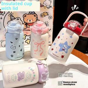 CISWGE Childrens Stainless Steel Thermos Cup Cute Straw Portable Kettle Simple Design 304 Steel Water Bottle For Kids