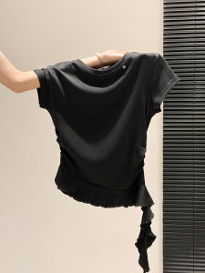 LUOSHAO | Áo Thun Tay Ngắn Cổ Tròn Viền Xếp Ly Không Đối Xứng 100% Cotton