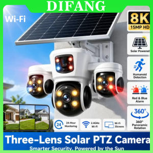 difang | V380 Pro Solar Security Camera WiFi 15MP 10X Zoom Triple Screen Outdoor Red Blue LED Flash Alarm Wireless Solar Surveillance