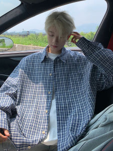 เสื้อเชิ้ตแขนยาวลายสก็อตสีน้ำเงินสำหรับผู้ชาย สไตล์ลำลอง ฤดูใบไม้ผลิและฤดูใบไม้ร่วง ดีไซน์เรียบง่าย สวมใส่สบาย เสื้อคลุมกันหนาว