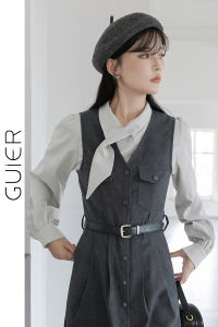 Guier Vintage Style Womens Sleeveless V-neck Dress Slimming Waist Autumn New Arrival College Style Skirt Single Piece Casual Wear