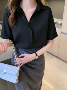 Professional Womens Blue Long Sleeve Shirt Spring Summer Office Workwear Interview Formal Dark Button Slim Fit OL Style