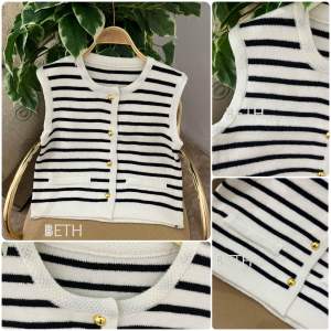 Elizabethgrosir1 Gold Buttons Stripe Vest Knit Import Premium Mewah Grosir 80 Rompi Rajut Wanita Lengan Buntung tebal lembut adem stretch Korean Style Outer Remaja Keren 19162