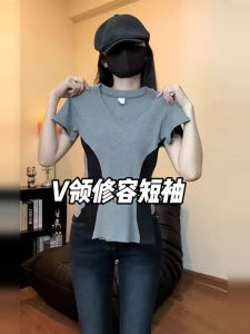 Slim Fit Short Sleeve V-Neck T-Shirt plus Size Color Block Design Summer Fashionable Womens Top Comfortable Cotton Blend