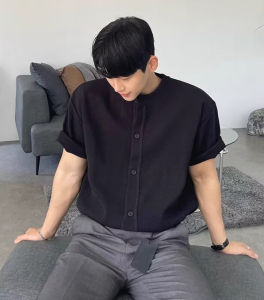 Korean Style Accessible Luxury Mercerized Cotton Ice Silk Sweater Mens Fancy Slim-Fit Cardigan Outwear Cool Breathable Collarless Shirt