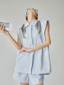 XIAODADEHUA | Blue Luxury Shoulder Pad Sleeveless Shirt Set