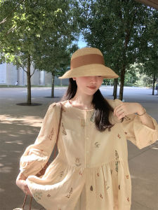 Loose Fit Linen Print Shirt Women Summer Seven Sleeve round Neck Versatile Casual Commute Design Early Autumn Top French Style