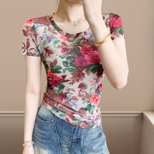 YIMEI European station western-style printed small shirt for summer 2025 new fashion summer short sleeved floral T-shirt womens mesh top