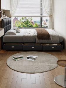 Italian Minimalist Thin Headboard Small Space Genuine Leather Edge-aligned Double Bed