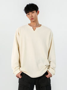 เสื้อยืดแขนยาวทรงหลวมสำหรับผู้ชาย เสื้อเชิ้ตทรงพอดีตัว ทรงปกติ คอวี สวมใส่สบาย ฤดูใบไม้ผลิ 2025